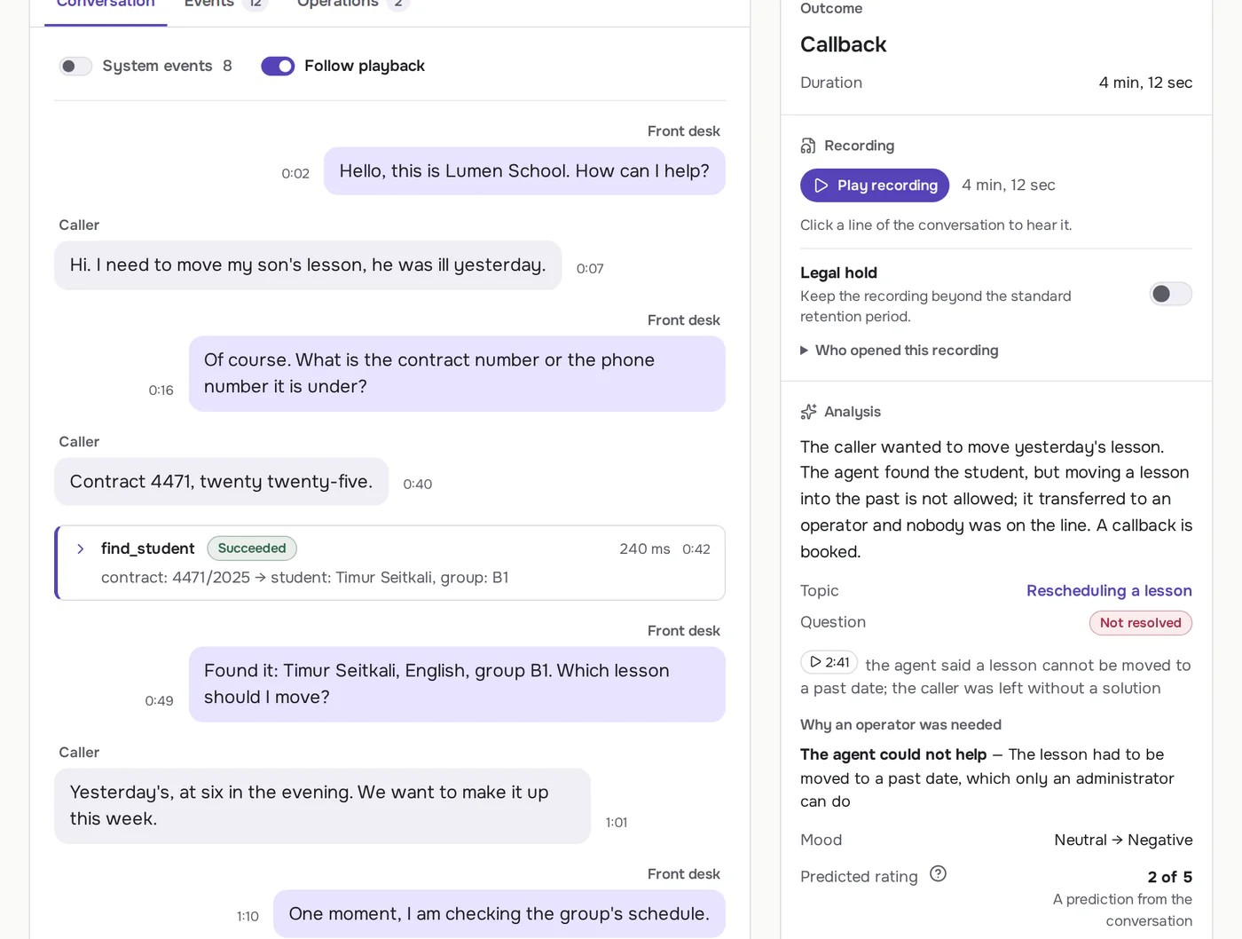 A call in Callbrain: the conversation line by line with the operations the AI operator ran in the school's system
