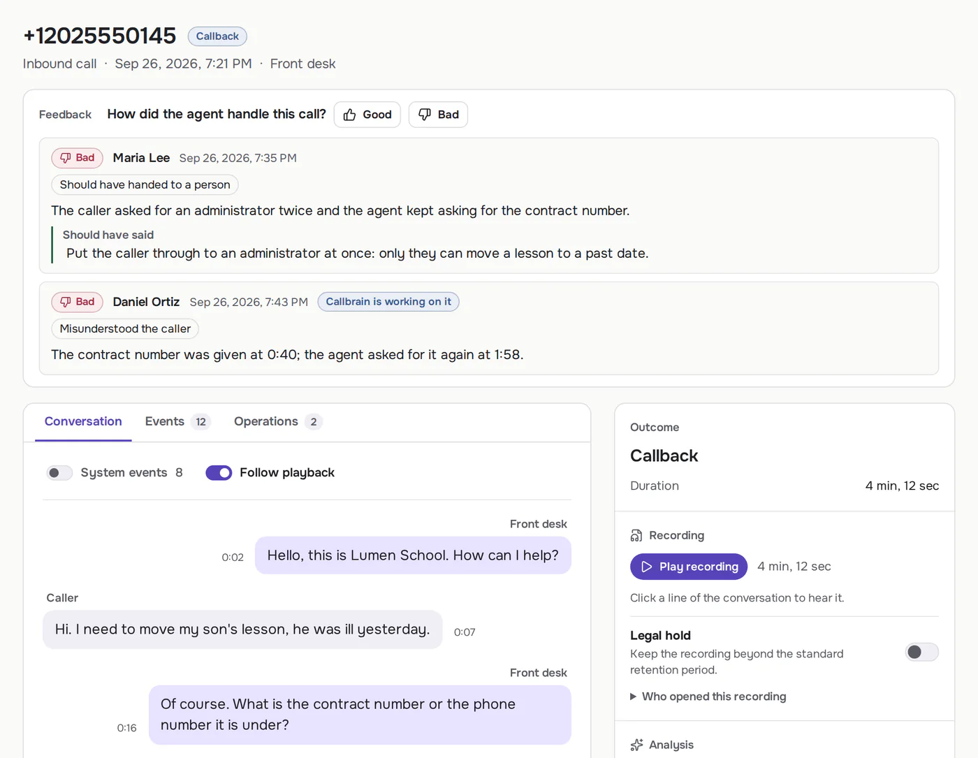 A call in Callbrain with two team verdicts, the reason it went wrong and the moment in the conversation