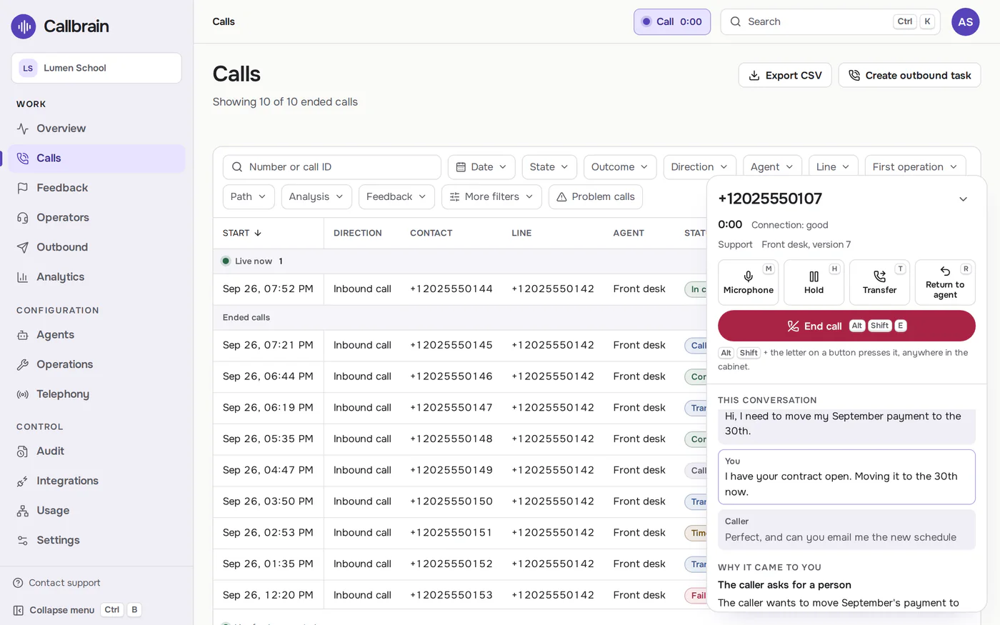 The Callbrain softphone over the calls list during a transferred call: why the call came, the live transcript and the call controls