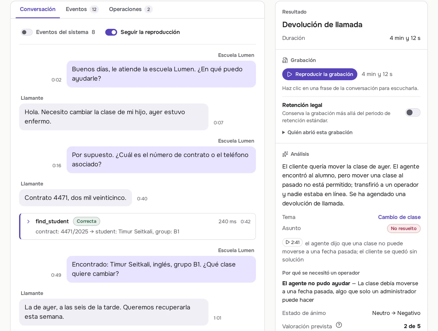 Una llamada en Callbrain: la conversación línea a línea con las operaciones que el operador de IA hizo en el sistema de la escuela