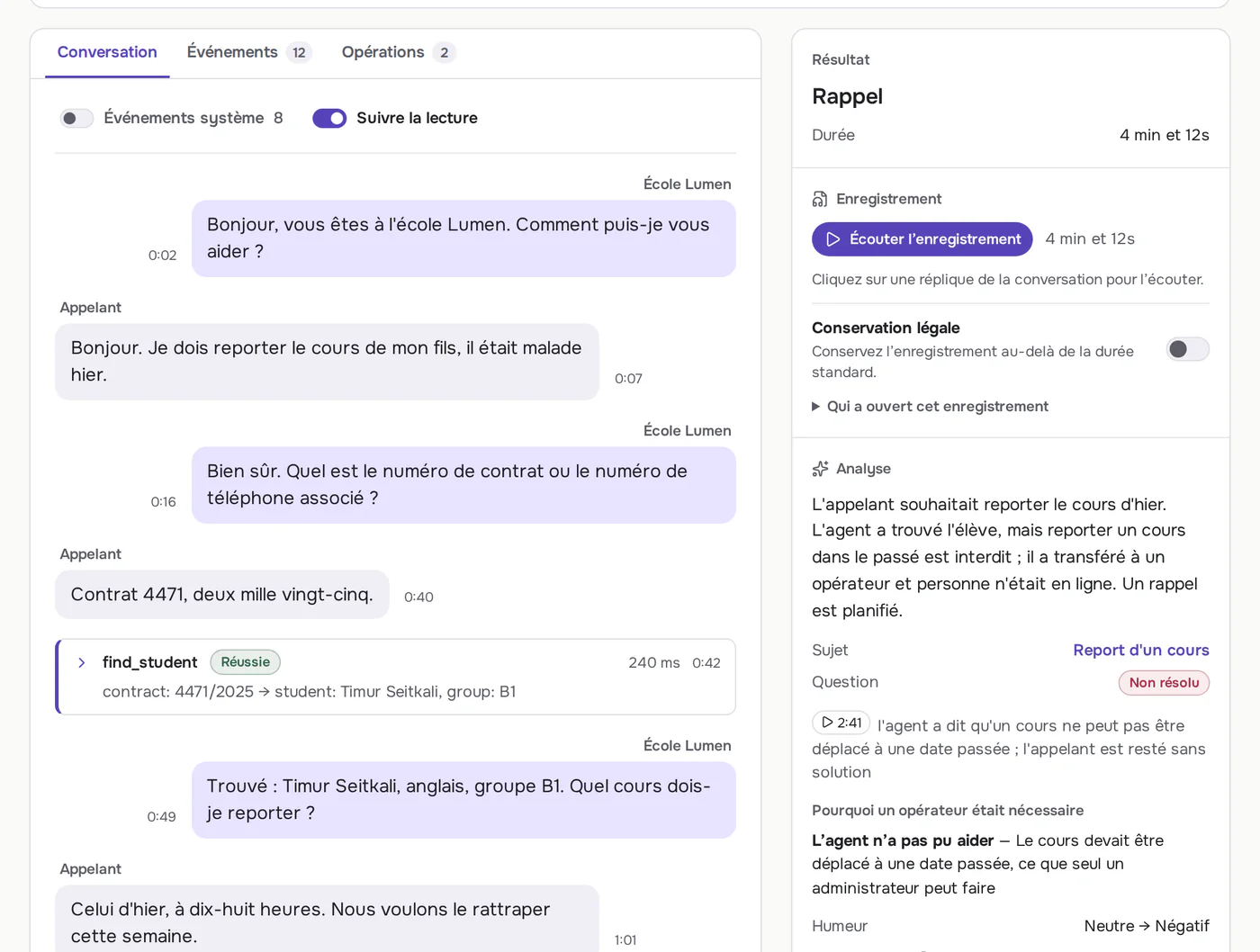Un appel dans Callbrain : la conversation ligne par ligne, avec les opérations lancées par l’opérateur IA dans le système de l’école